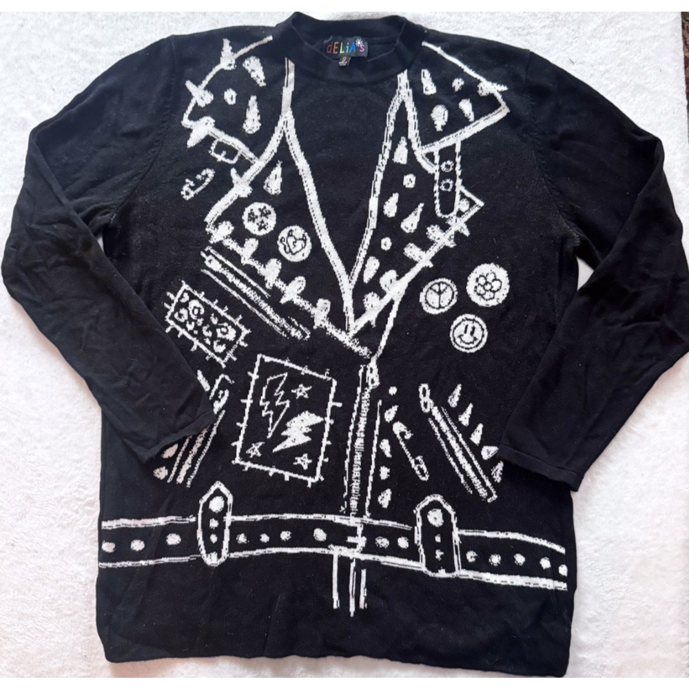 dELiA*s Argue With You Intarsia Sweater Womens Small Black Long Sleeve Crew Neck